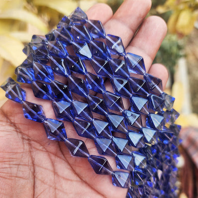 SUPER QUALITY' 15x8 MM BI-CONE SHAPE PURPLE FIRE POLISHED GLASS BEADS' APPROX 23-24 BEADS SOLD BY PER LINE PACK