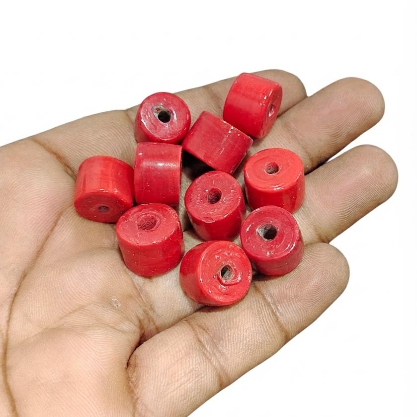 13x11 mm Vintage Trade Glass Beads – Red Cylinder Barrel Shape – 10 Pieces Pack | Authentic African Trade Beads for Jewelry Making