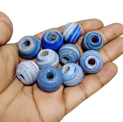 20 mm Blue Striped Vintage Trade Glass Beads – Round Handmade African Trade Beads – 10 Pieces Pack for Jewelry Making