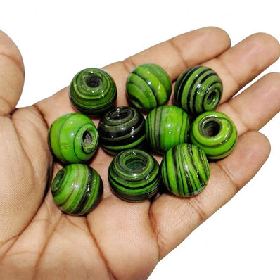 20 mm Green Striped Vintage Trade Glass Beads – Handmade African Round Trade Beads – 10 Pieces Pack for Jewelry Making