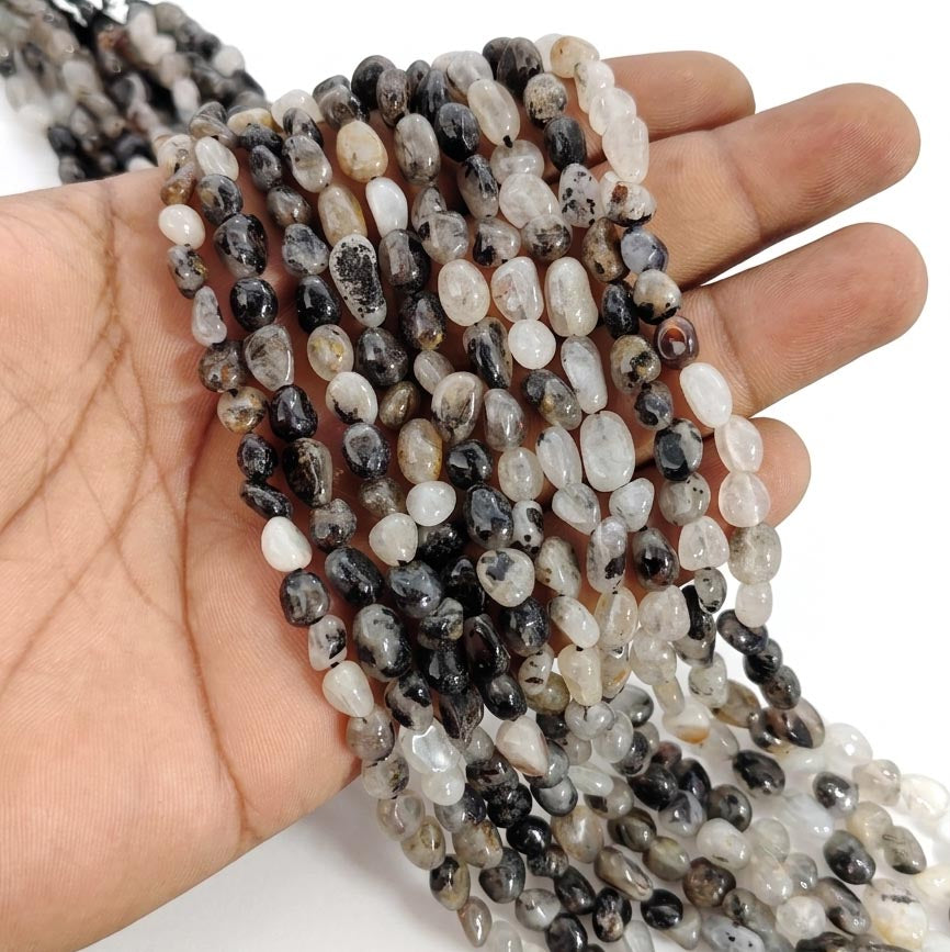 Natural Black Rutilated Quartz Tumble Nugget Beads, 6-10 mm Smooth Pebble Strand, 60-62 Pieces Per Line for Jewelry Making