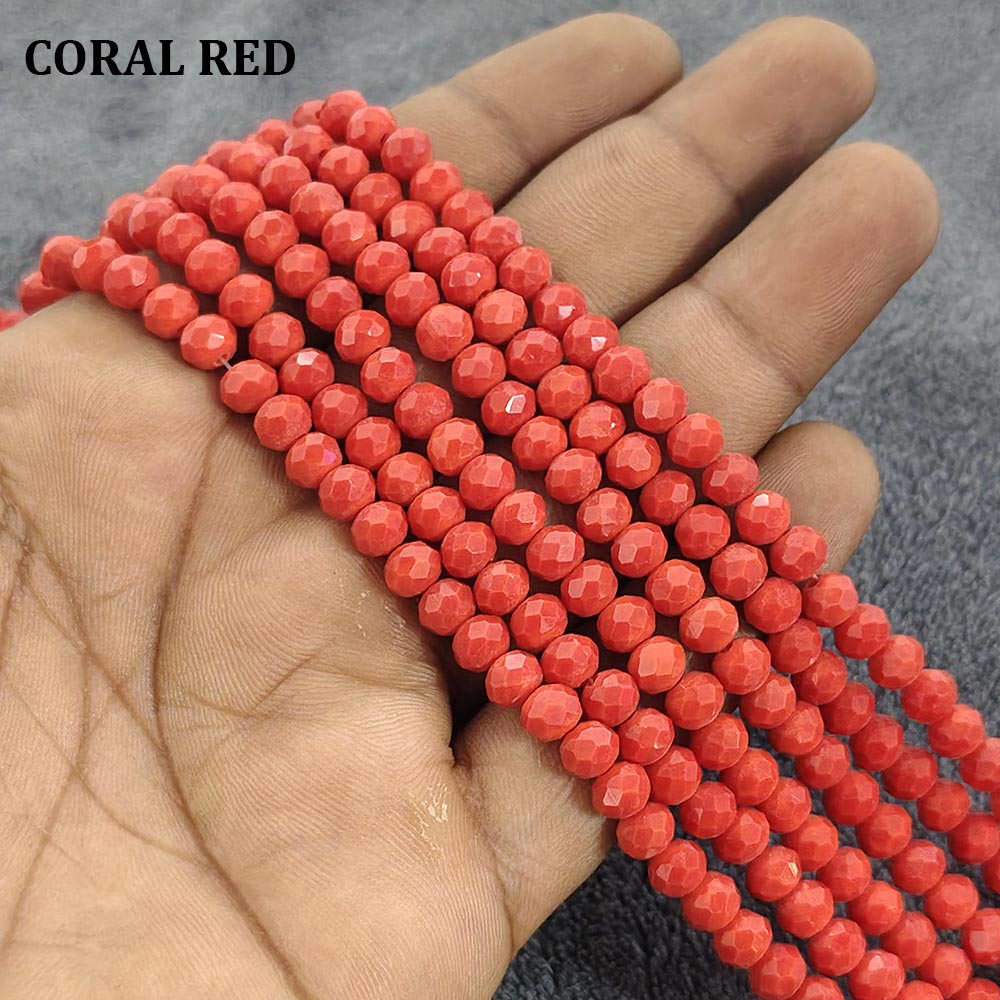 1 LINE/STRING PACK 6x4 MM OPAQUE CORAL RED CRYSTAL TYRE GLASS BEADS (APPROX BEADS 80-85)