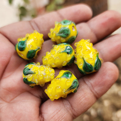 2 PCS PKG. Haldi YELLOW, STRAWBERRY BEADS HANDMADE LAMPWORK GLASS BEADS