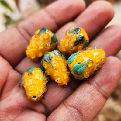 2 PCS PKG. Haldi YELLOW, STRAWBERRY BEADS HANDMADE LAMPWORK GLASS BEADS