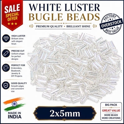 100 grms, Sale Lot Factory Overstock White Luster Bugle Beads 2x5mm – 100 Grams Pack | Premium Glass Tube Beads for Jewelry Making, Embroidery & Crafts