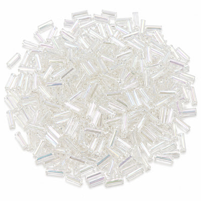 100grams, Sale Lot Factory Overstock White AB Finish Bugle Beads 2x5mm – 100 Grams Pack | Premium Aurora Borealis Glass Tube Beads for Jewelry Making & Crafts