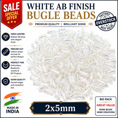 100grams, Sale Lot Factory Overstock White AB Finish Bugle Beads 2x5mm – 100 Grams Pack | Premium Aurora Borealis Glass Tube Beads for Jewelry Making & Crafts