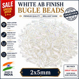 100grams, Sale Lot Factory Overstock White AB Finish Bugle Beads 2x5mm – 100 Grams Pack | Premium Aurora Borealis Glass Tube Beads for Jewelry Making & Crafts