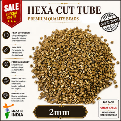100grams, Sale Lot Factory Overstock Metallic Dark Gold Hexa Cut Tube Beads 2mm – 100 Grams Pack | Premium Glass Hexagonal Beads for Jewelry Making & Embroidery