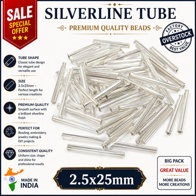 100grams, Sale Lot Factory Overstock Silverline Tube Beads 2.5x25mm – 100 Grams Pack | Premium Glass Bugle Beads for Jewelry Making, Embroidery & DIY Crafts