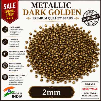 100 grams, Sale Lot Factory Overstock Metallic Dark Golden Tube Beads 2mm – 100 Grams Pack | Premium Glass Beads for Jewelry Making, Embroidery & DIY Crafts
