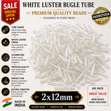 100grams, Sale Lot Factory Overstock White Luster Bugle Tube Beads 2x12mm – 100 Grams Pack | Premium Glass Bugle Beads for Jewelry Making, Embroidery & DIY Crafts