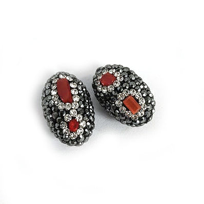 2pcs pkg. Black Oval with coral stone inlay Pave Beads in Size about 22x14mm