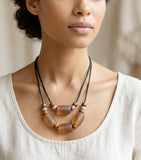 Sale Handcrafted Boho 2-Strand Amber frosted Glass & Wooden Bead Statement Necklace