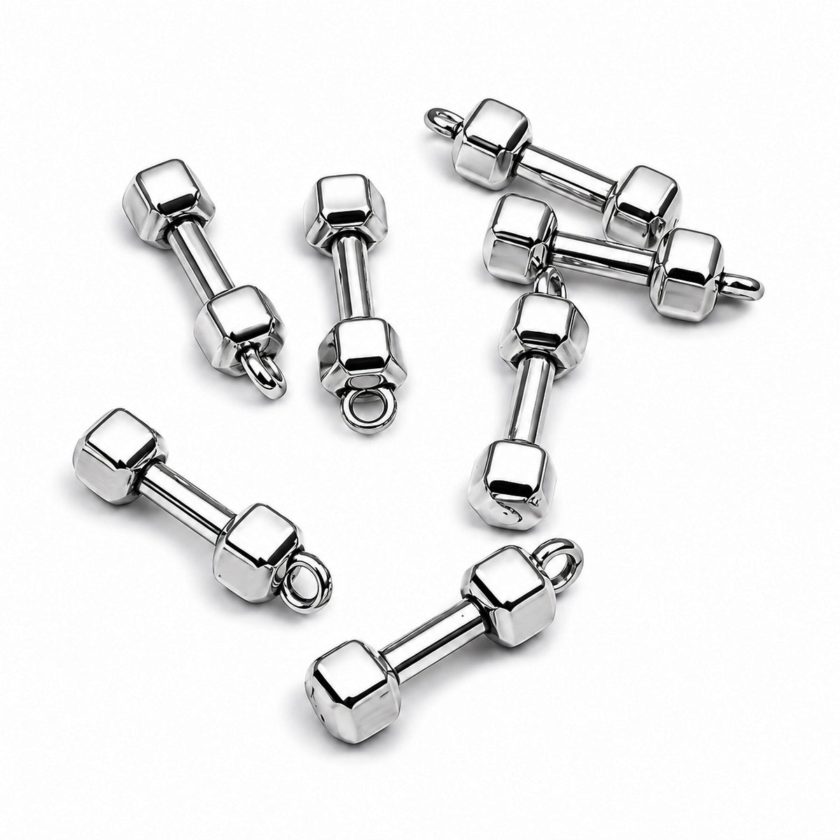 5pcs Pkg. Stainless Steel Plated Dumbbell Charms for Jewellery Making – Silver Tone Gym Weight Pendant