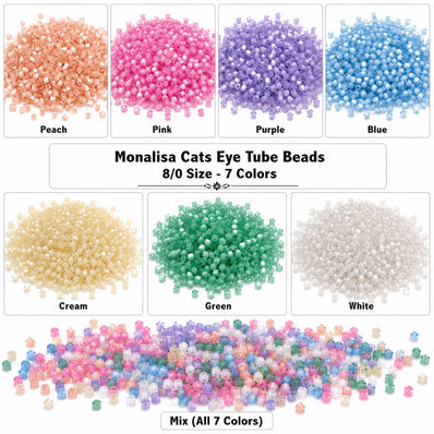 Monalisa Cats Eye Tube Glass Seed Beads 8/0 Mix Pack – 7 Opaque Colors, 20 Grams Each (140 Grams Total) – Jewelry Making, Embroidery & Bead Weaving