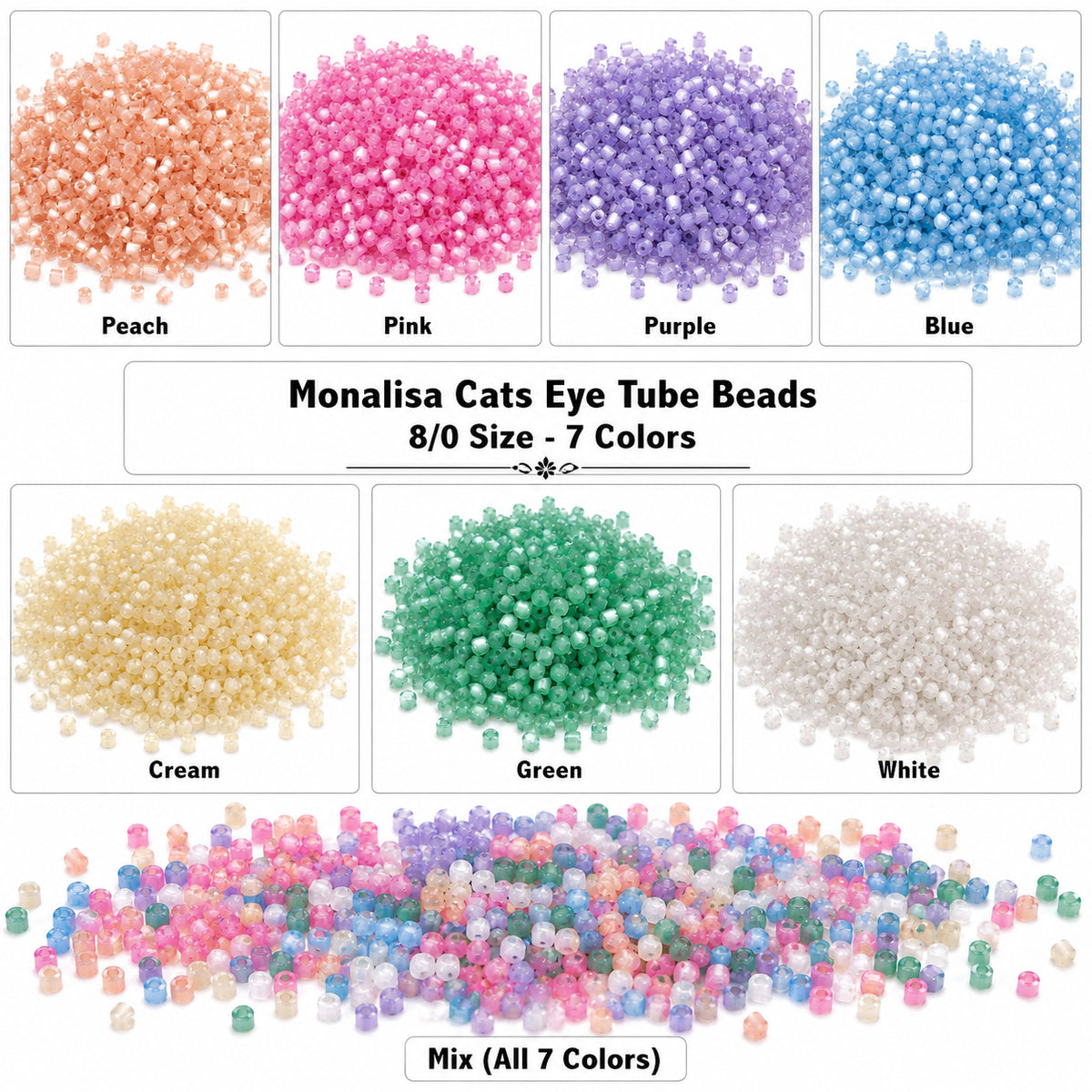 Monalisa Cats Eye Tube Glass Seed Beads 8/0 Mix Pack – 7 Opaque Colors, 20 Grams Each (140 Grams Total) – Jewelry Making, Embroidery & Bead Weaving