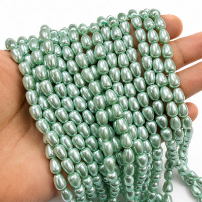 6x8mm Mint Green Glass Pearl Teardrop Beads, Pearlized Drop Shape Beads for Earrings, Necklaces & DIY Jewelry Making, 95–96pcs Strand