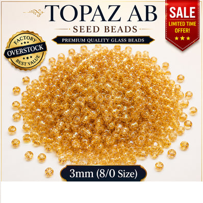 SALE 100 Grams Pack | Topaz AB Seed Beads 3mm (8/0) Golden Aurora Borealis Glass Beads for Jewelry Making, Embroidery & DIY Crafts