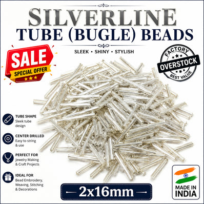 100grms, Silverline Bugle Beads 2x16mm – 100 Grams Pack | Sale Lot Silver Lined Glass Tube Beads for Jewelry Making, Embroidery & DIY Crafts