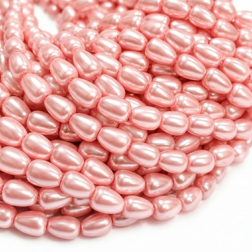 6x8mm Light Pink Glass Pearl Teardrop Beads, Pearlized Drop Shape Beads for Earrings, Necklaces & DIY Jewelry Making, 95–96pcs Strand