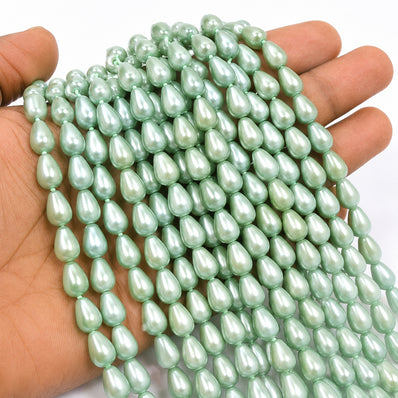 6x8mm Mint Green Glass Pearl Teardrop Beads, Pearlized Drop Shape Beads for Earrings, Necklaces & DIY Jewelry Making, 95–96pcs Strand