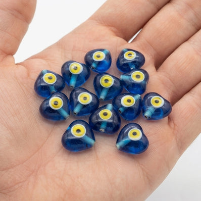 Handmade Turkish Blue Evil Eye Heart Beads - 17-18mm Glass Beads, 10 Pieces Pack