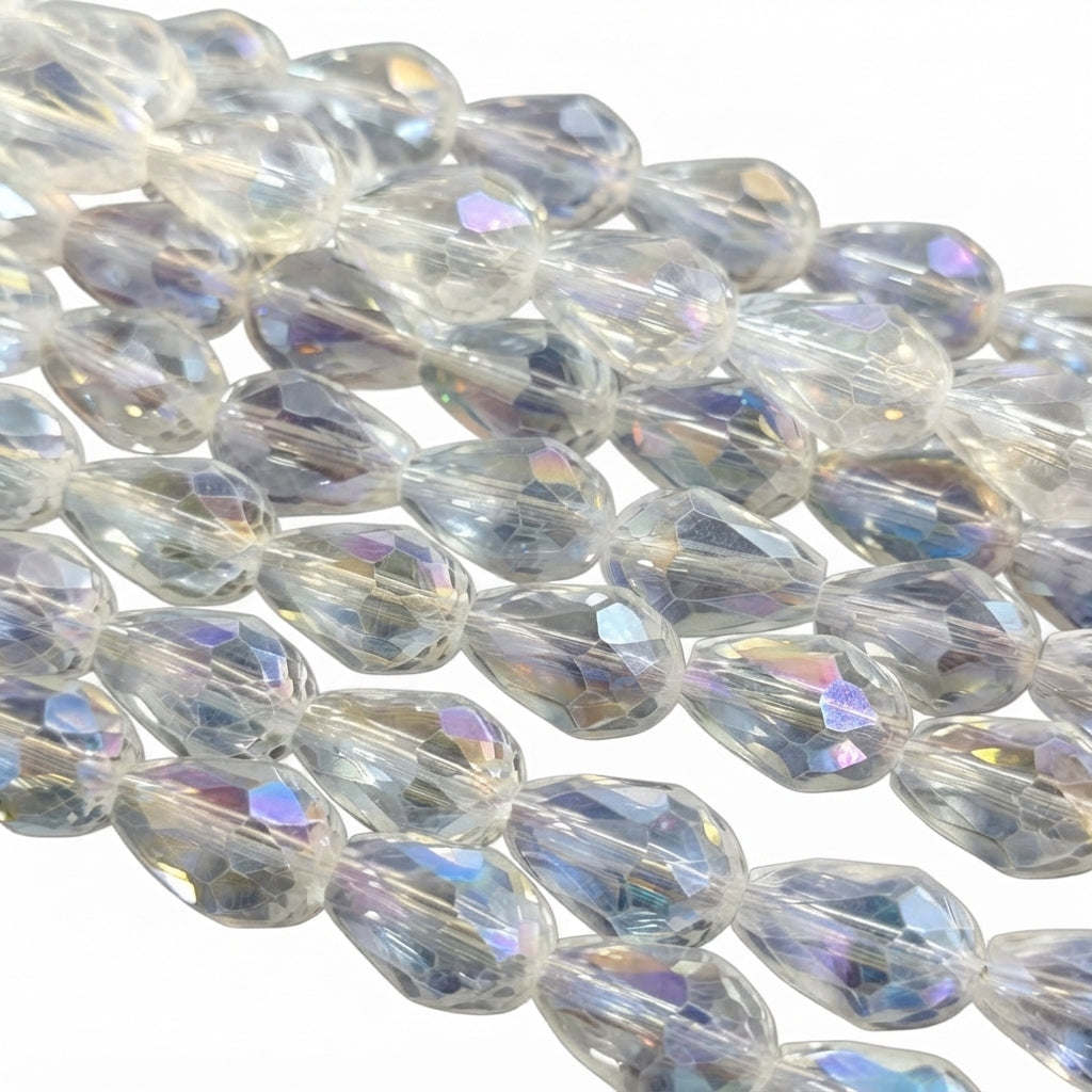 Clear White AB Faceted Pear Drop Glass Crystal Beads - 15x10 mm, 27-28 Pieces Per Strand