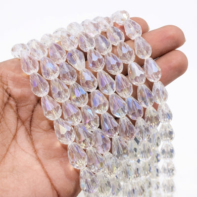 Clear White AB Faceted Pear Drop Glass Crystal Beads - 15x10 mm, 27-28 Pieces Per Strand