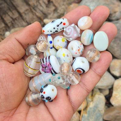 200 GRAMS PACK' WHITE AND CLEAR TONE FANCY LAMPWORK BEAD MIX