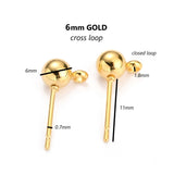 10 PCS PKG. 6MM ROUND BALL POST STUD EARRINGS WITH LOOP FOR JEWELRY DANGLE EARRING MAKING, Gold BALL POST POST STUD TOPS FINDINGS RAW MATERIALS FOR JEWELRY MAKING