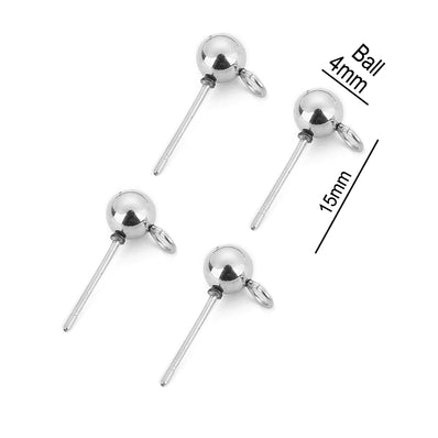 10 Pcs Pkg. 4MM ROUND BALL POST STUD EARRINGS WITH LOOP FOR JEWELRY DANGLE EARRING MAKING, SILVER BALL POST POST STUD TOPS FINDINGS RAW MATERIALS FOR JEWELRY MAKING