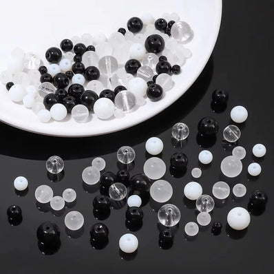 Black & White Round Mix Glass Beads – 100 Grams Pack | Transparent, Matte & Glossy Beads for Jewelry Making