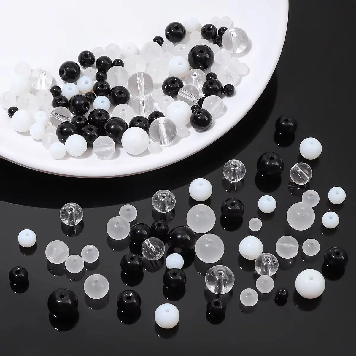 Black & White Round Mix Glass Beads – 100 Grams Pack | Transparent, Matte & Glossy Beads for Jewelry Making