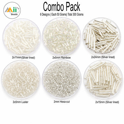 300 grams pkg. Premium White Buggle & Tube Seed Beads Combo Pack for Jewelry Making – Silver Lined, Rainbow, Luster & Hexa Cut Glass Beads Set