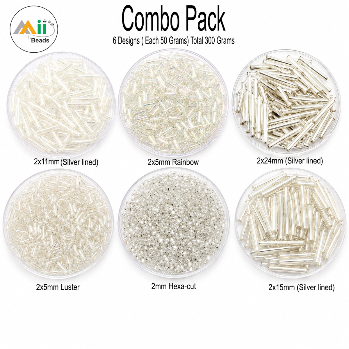 300 grams pkg. Premium White Buggle & Tube Seed Beads Combo Pack for Jewelry Making – Silver Lined, Rainbow, Luster & Hexa Cut Glass Beads Set