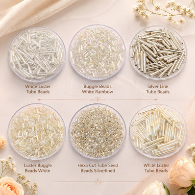 300 grams pkg. Premium White Buggle & Tube Seed Beads Combo Pack for Jewelry Making – Silver Lined, Rainbow, Luster & Hexa Cut Glass Beads Set