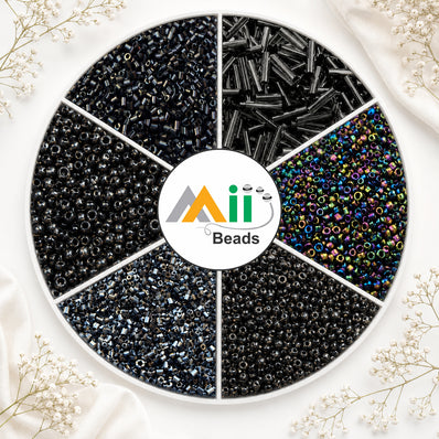 Premium Black & Metallic Glass Seed Beads Assortment - 6 Unique Designs for Jewelry Making & Embroiderylass Beads Mix, 50g Each Design, Total 300g Pack for DIY Bracelet, Necklace & Embroidery Craft