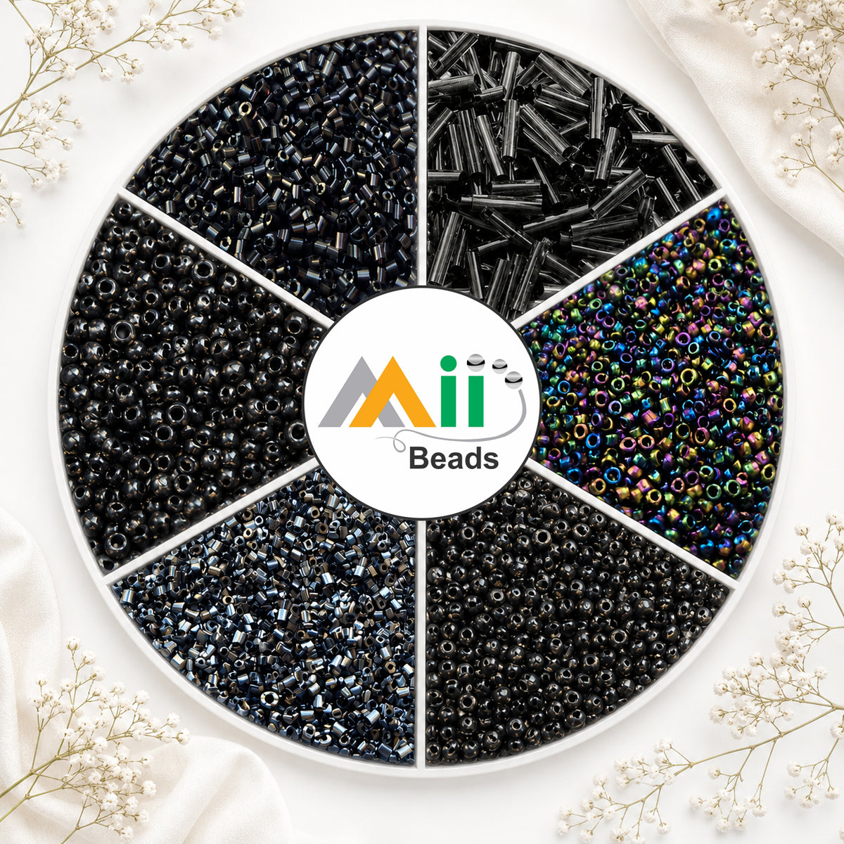 Premium Black & Metallic Glass Seed Beads Assortment - 6 Unique Designs for Jewelry Making & Embroiderylass Beads Mix, 50g Each Design, Total 300g Pack for DIY Bracelet, Necklace & Embroidery Craft