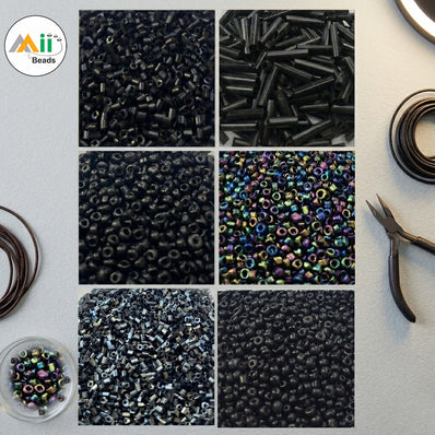 Premium Black & Metallic Glass Seed Beads Assortment - 6 Unique Designs for Jewelry Making & Embroiderylass Beads Mix, 50g Each Design, Total 300g Pack for DIY Bracelet, Necklace & Embroidery Craft