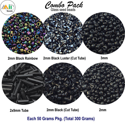 Premium Black & Metallic Glass Seed Beads Assortment - 6 Unique Designs for Jewelry Making & Embroiderylass Beads Mix, 50g Each Design, Total 300g Pack for DIY Bracelet, Necklace & Embroidery Craft