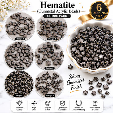 6 Designs Gunmetal Black Hematite Acrylic Beads Combo Pack – High Quality Glossy Spacer Beads for Jewelry Making, 50 Pieces Each Design, Total 300 Beads