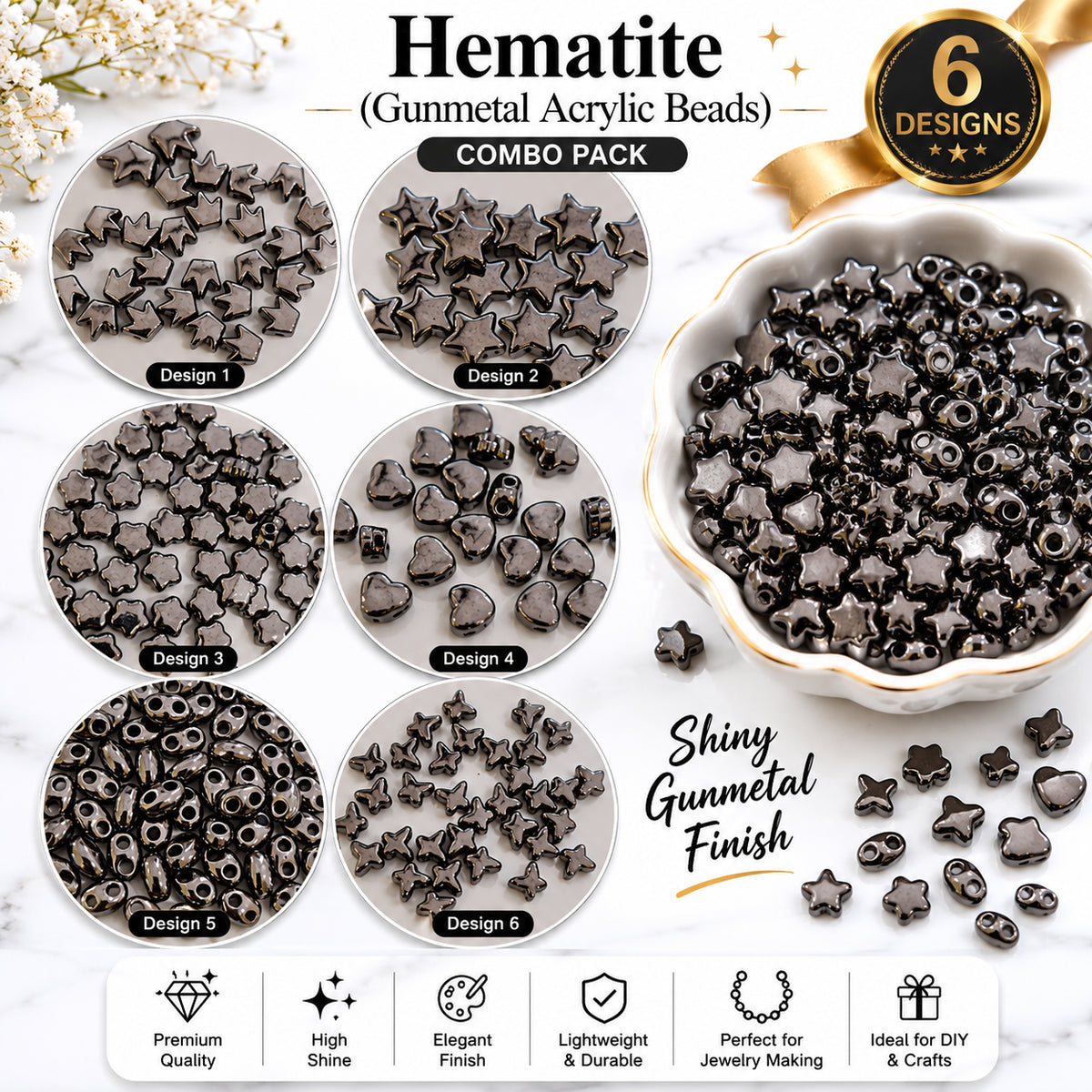 6 Designs Gunmetal Black Hematite Acrylic Beads Combo Pack – High Quality Glossy Spacer Beads for Jewelry Making, 50 Pieces Each Design, Total 300 Beads