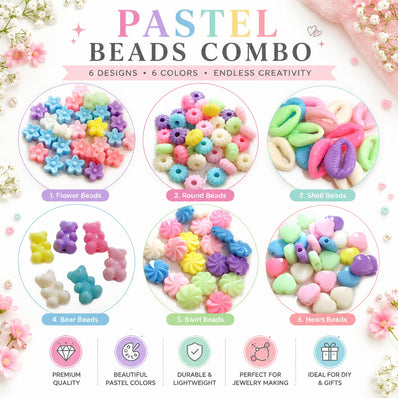 Pastel Color Mix Acrylic Beads Combo Pack – 6 Designs Cute Candy Beads for Jewelry Making, DIY Craft Beads Set, 25 Pieces Each Design, Total 150 Beads