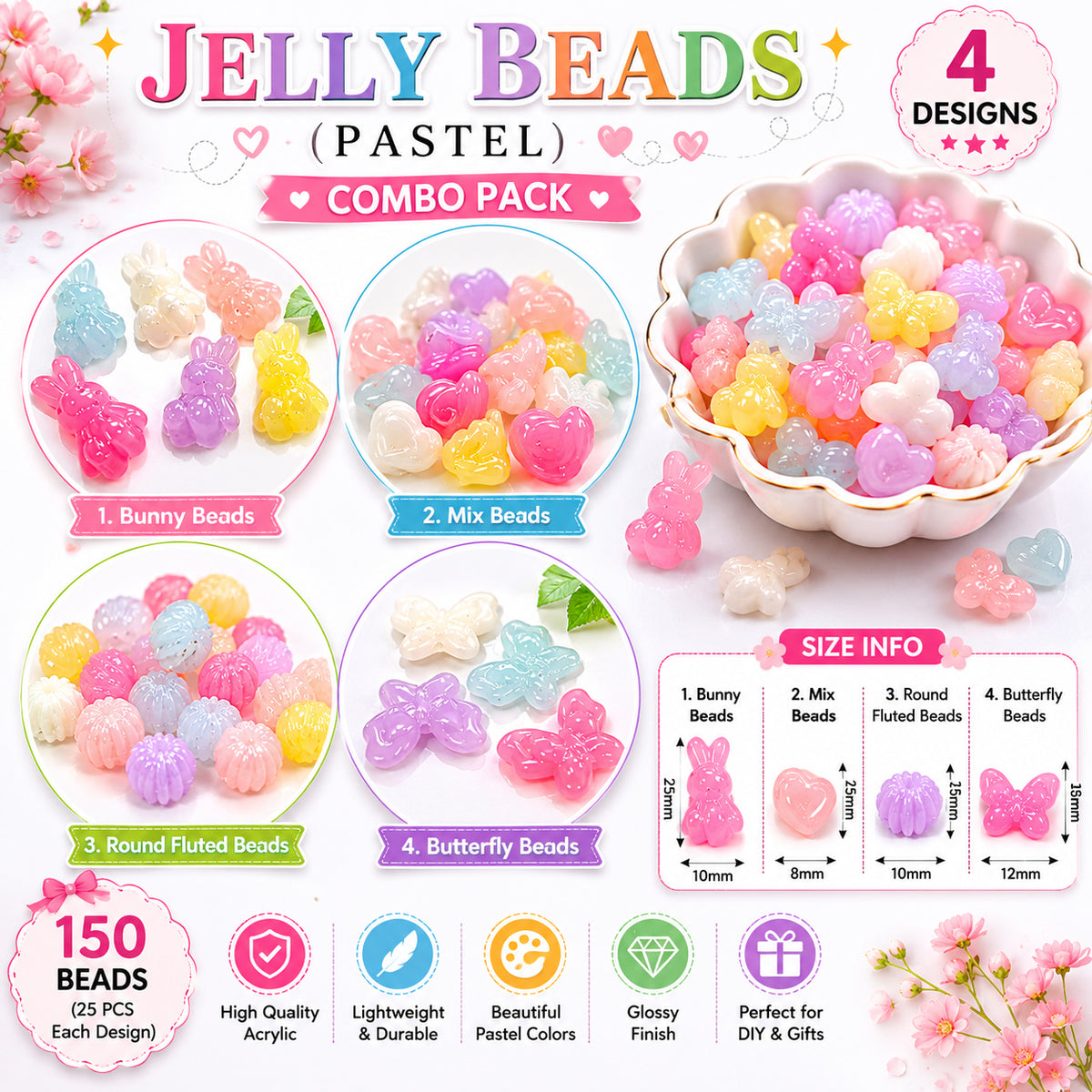 Jelly Beads Pastel Combo Pack – Cute Acrylic Beads Mix for Jewelry Making, Bunny Butterfly Shell & Round Beads, 25 Pieces Each Design, Total 150 Beads