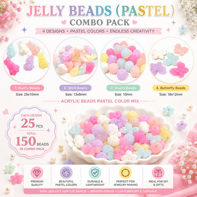Jelly Beads Pastel Combo Pack – Cute Acrylic Beads Mix for Jewelry Making, Bunny Butterfly Shell & Round Beads, 25 Pieces Each Design, Total 150 Beads