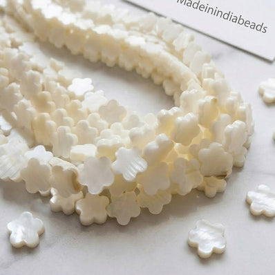 12mm White Flower Mother of Pearl (MOP) Beads Strand | Natural Shell Clover Beads | Approx. 30 Beads Per String