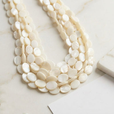 10x12mm White Oval Mother of Pearl (MOP) Coin Beads Strand | Natural Shell Oval Beads | Approx. 32 Beads Per String
