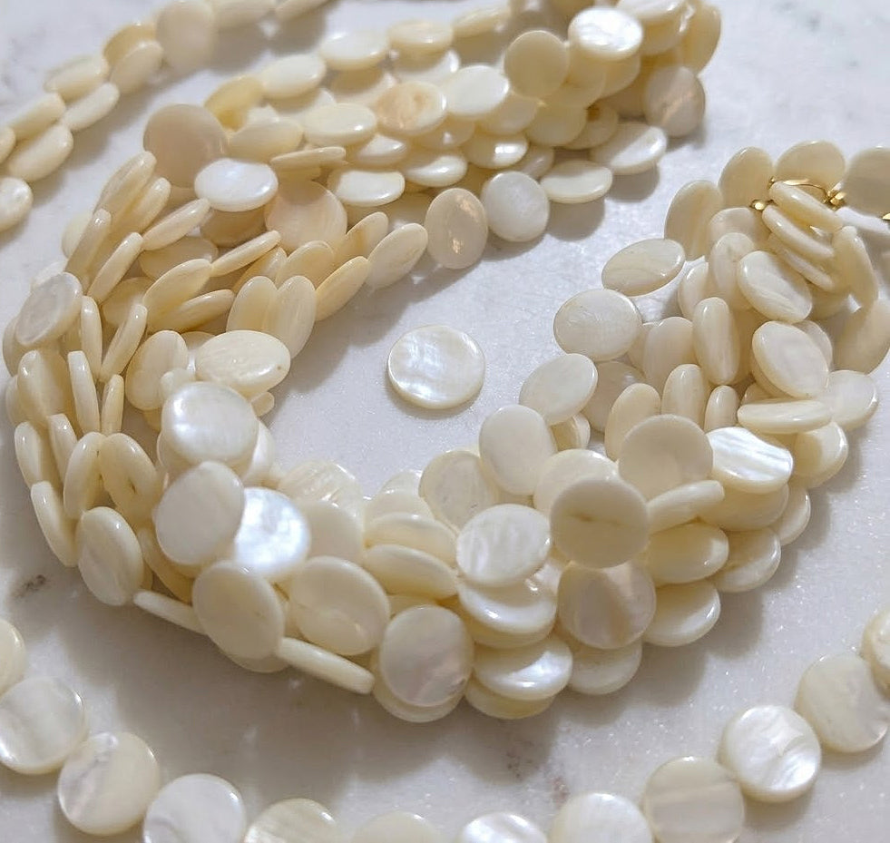 15mm White Round Mother of Pearl (MOP) Coin Beads Strand | Natural Shell Disc Beads | Approx. 25 Beads Per String