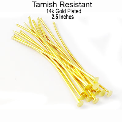 50 pcs head pins 2.5 inches long, tarnish Resistant Gold plated on brass material